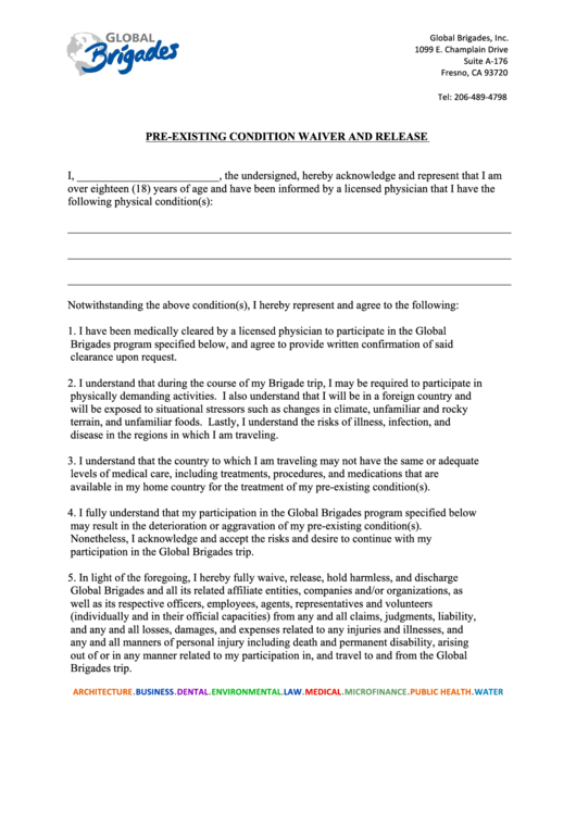 Pre Existing Condition Waiver And Release I Printable pdf