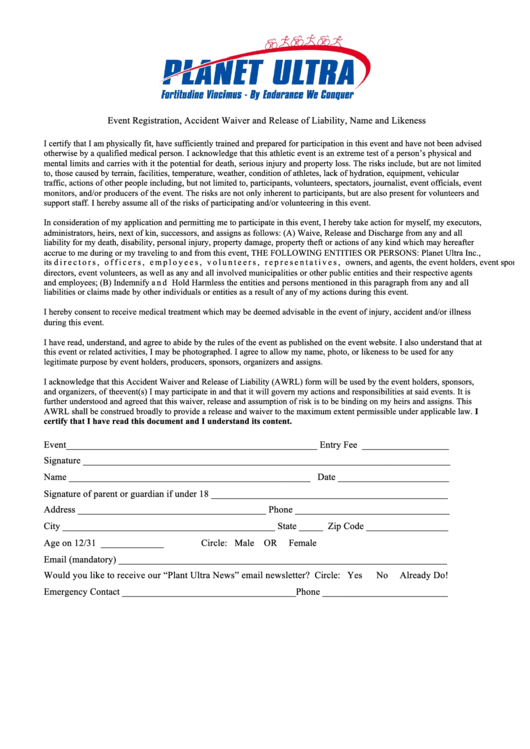 Event Registration Accident Waiver And Release Of Liability Name Printable pdf