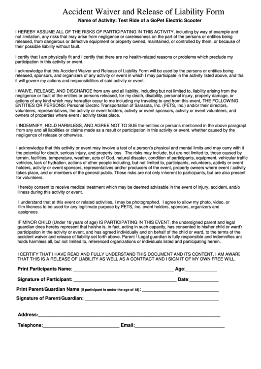 Accident Waiver And Release Of Liability Form Printable pdf