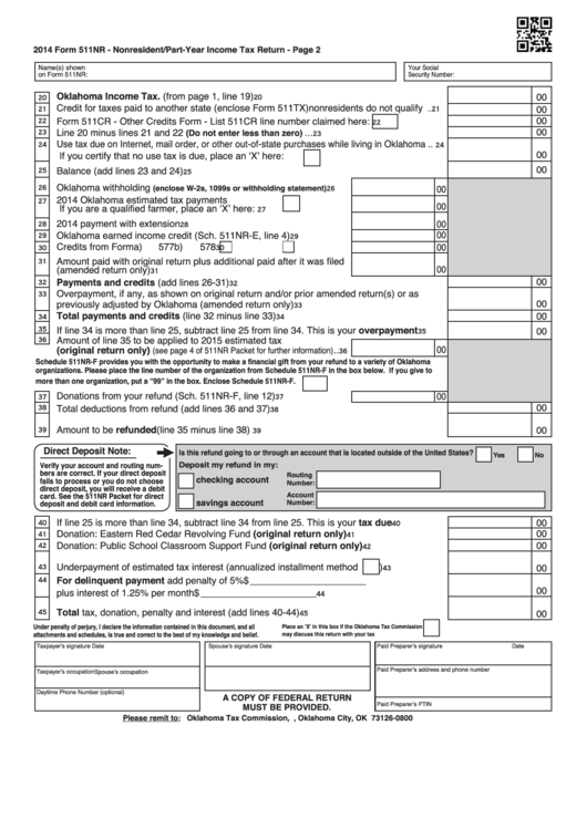 Fillable 2014 Form 511nr - Nonresident Part Year Income Tax Return Printable pdf