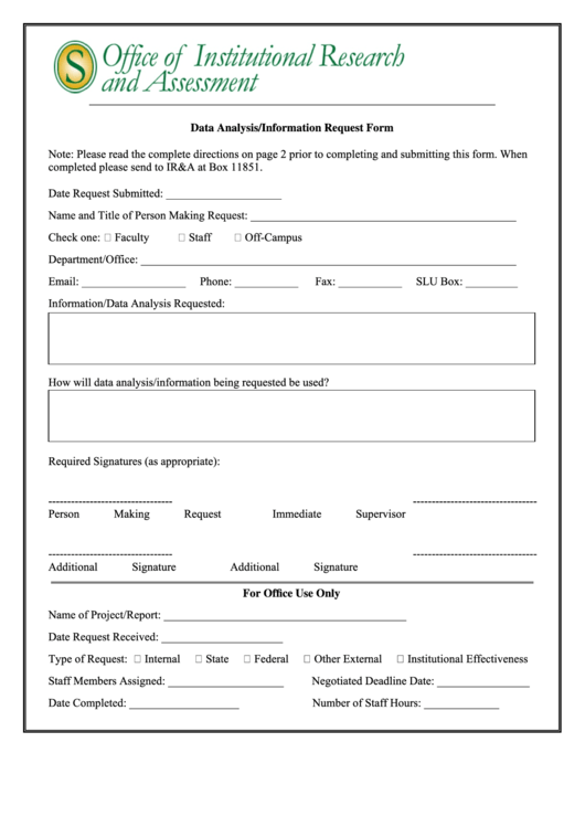 Fillable Data Analysis Information Request Form Printable pdf