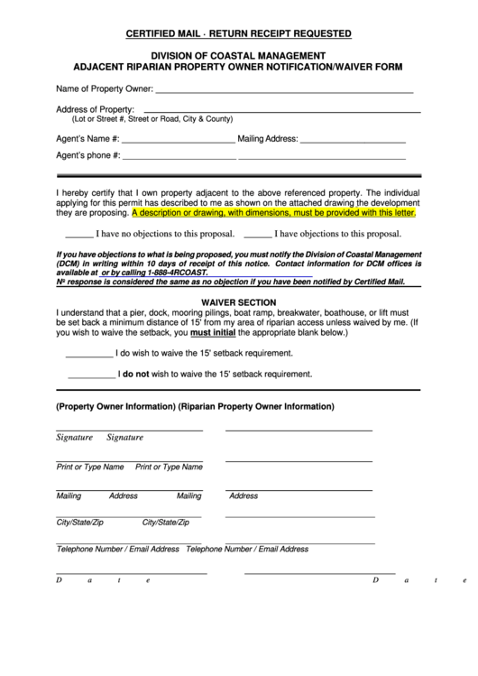 Adjacent Riparian Property Owner Notification Form Printable pdf