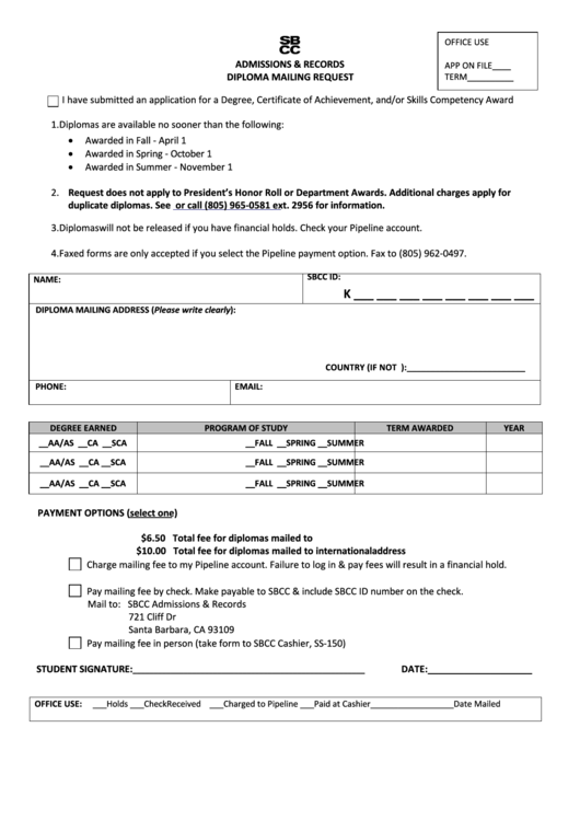 Diploma Mailing Request Printable pdf