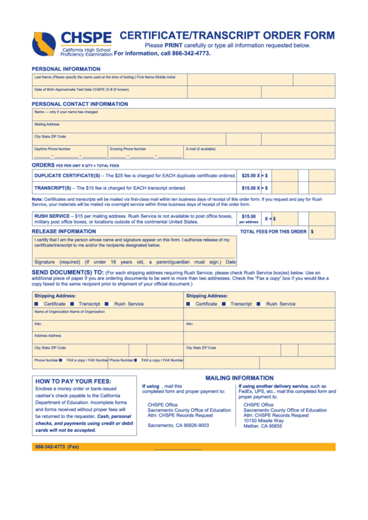 Chspe Certificate/transcript Order Form Printable pdf