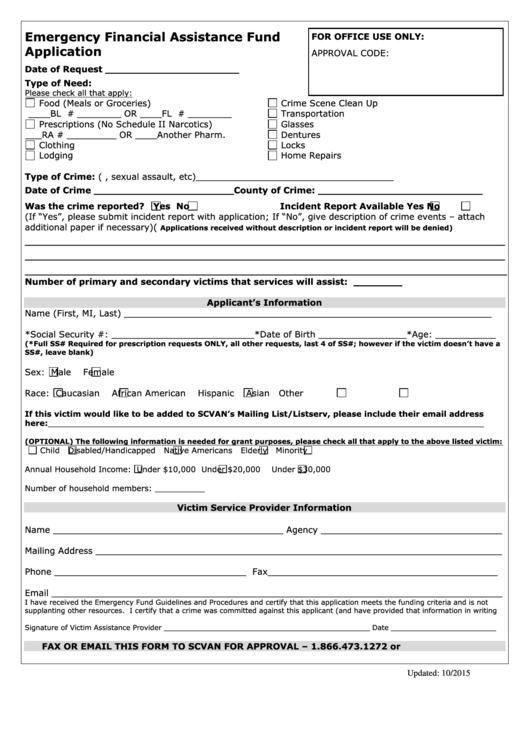 Emergency Financial Assistance Fund Application Printable pdf