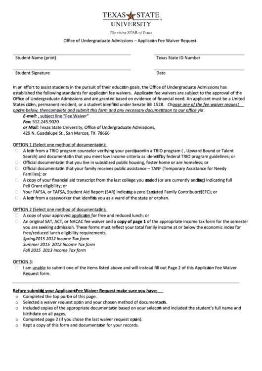 Application Form Fee Waiver - Texas State Printable pdf