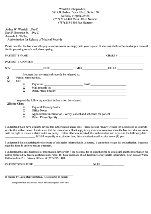 Authorization Form For Release Of Medical Records Printable pdf