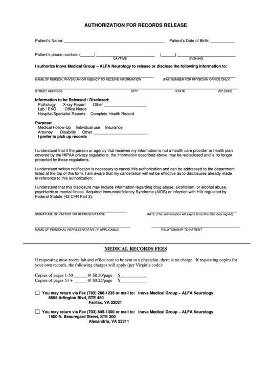 Authorization For Records Release Form Printable pdf