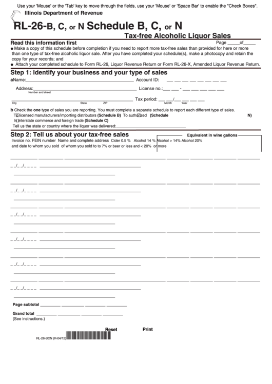 Fillable Form Rl-26-B, C, Or N Schedule B, C, Or N - Tax-Free Alcoholic Liquor Sales Printable pdf