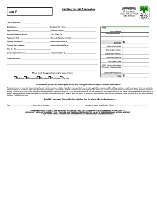 Building Permit Application - Building Division City Of Menlo Park Printable pdf
