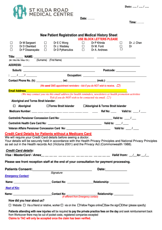 New Patient Registration And Medical History Sheet Printable pdf