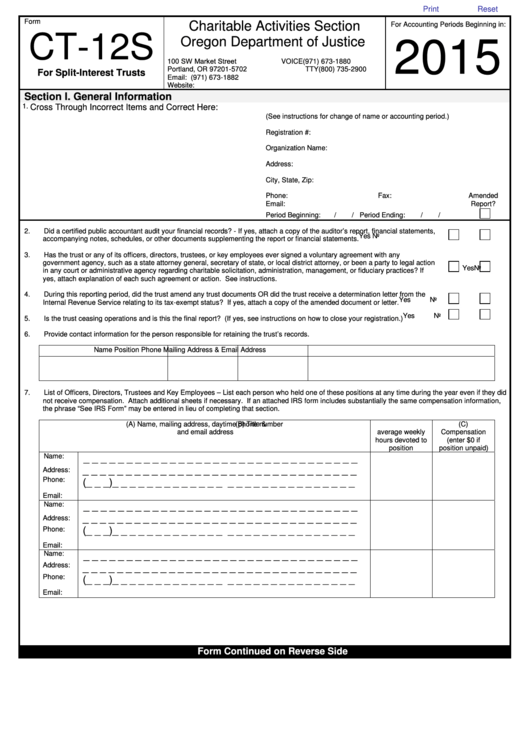 Fillable Form Ct-12s - Tax Return For Split-Interest Trusts - 2015 Printable pdf