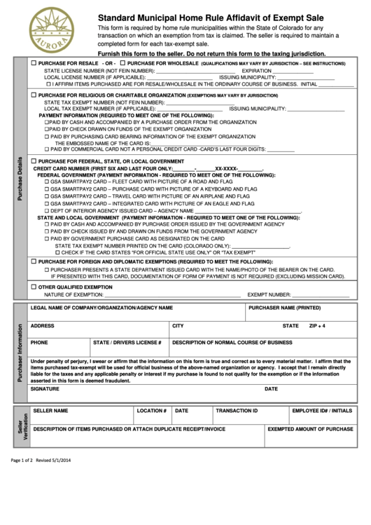 Standard Municipal Home Rule Affidavit Of Exempt Sale Form Printable pdf