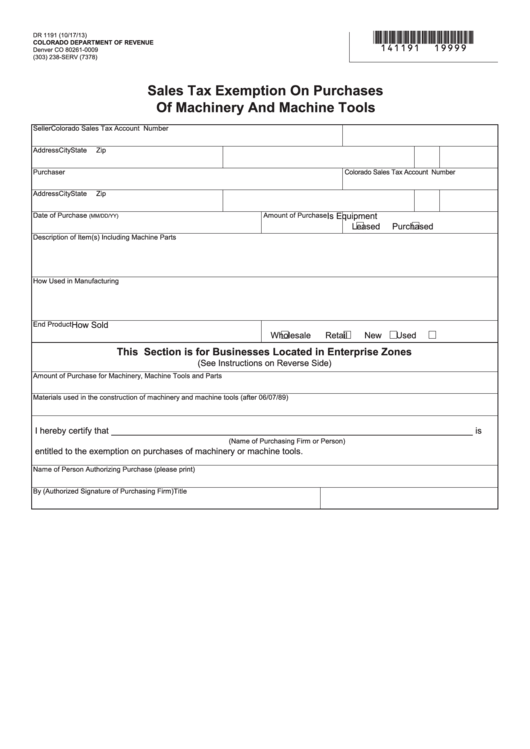 Fillable Form Dr 1191 - Sales Tax Exemption On Purchases Of Machinery And Machine Tools - 2013 Printable pdf