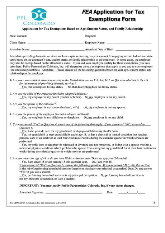 Fea Application For Tax Exemptions Form Printable pdf