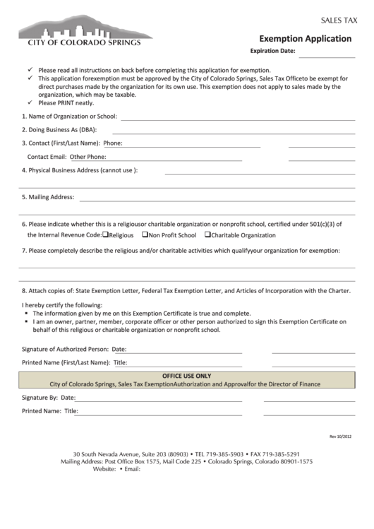 Exemption Application Form - Colorado Springs Printable pdf