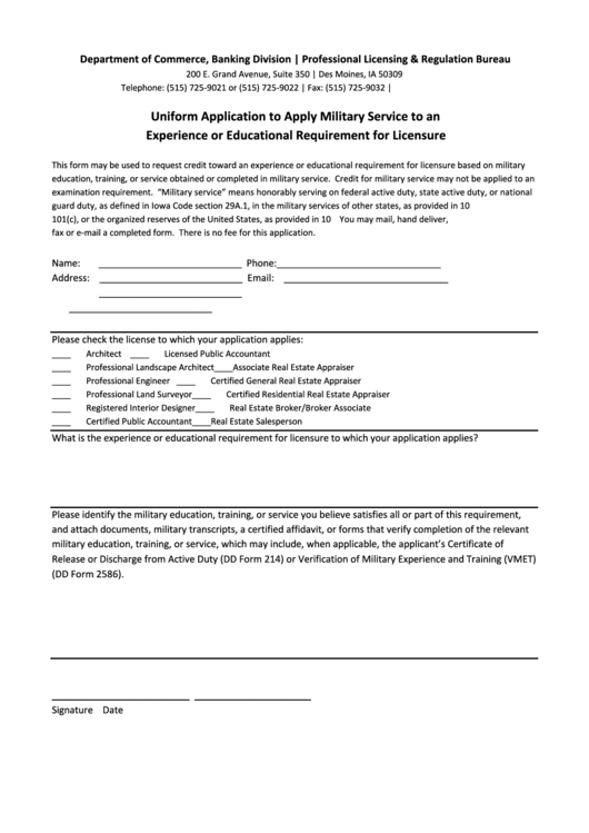 Fillable Uniform Application To Apply Military Service To An Experience Or Educational Requirement For Licensure Printable pdf