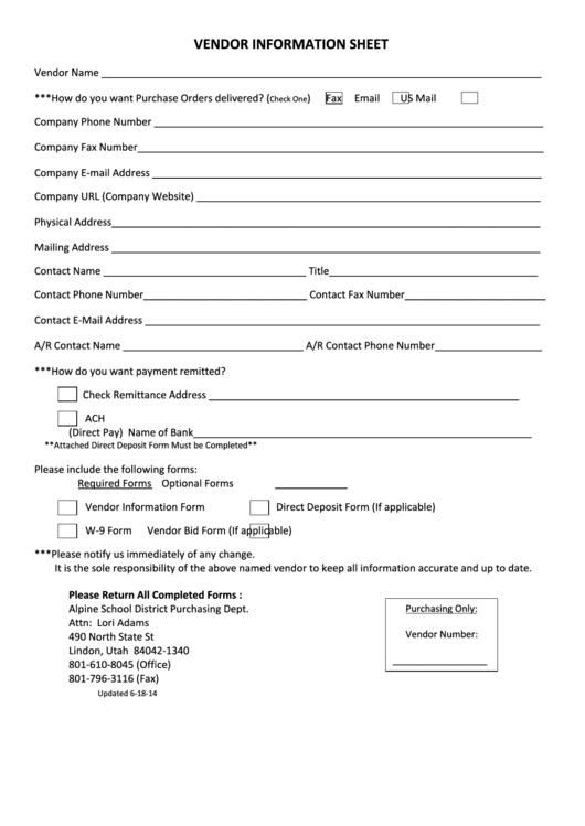 Vendor Information Sheet - Alpine School District Printable pdf