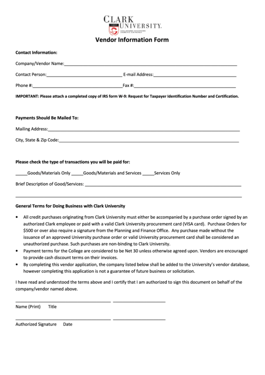 Vendor Information Form Clark University Printable pdf