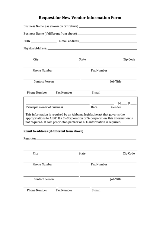 Request For New Vendor Information Form Printable pdf