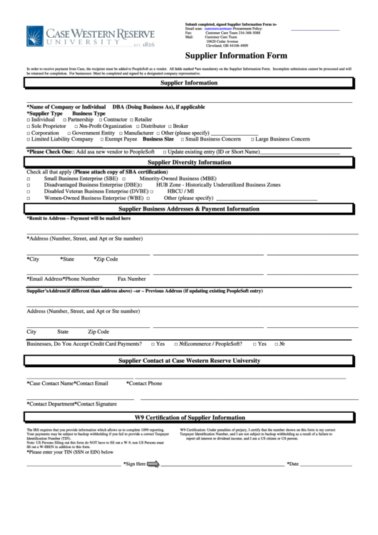 Fillable Supplier Information Form - Case Western Reserve University Printable pdf