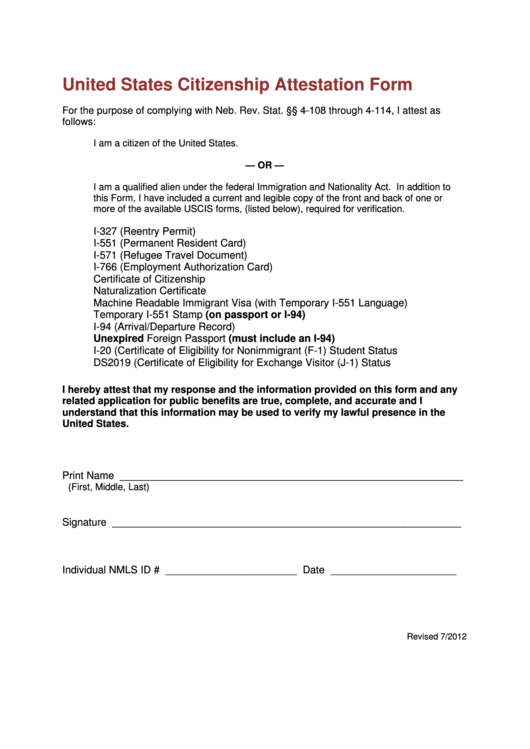 Fillable United States Citizenship Attestation Form Printable pdf