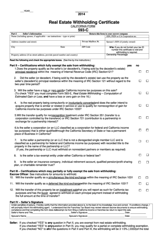 California Form 593-C - Real Estate Withholding Certificate - 2014 Printable pdf