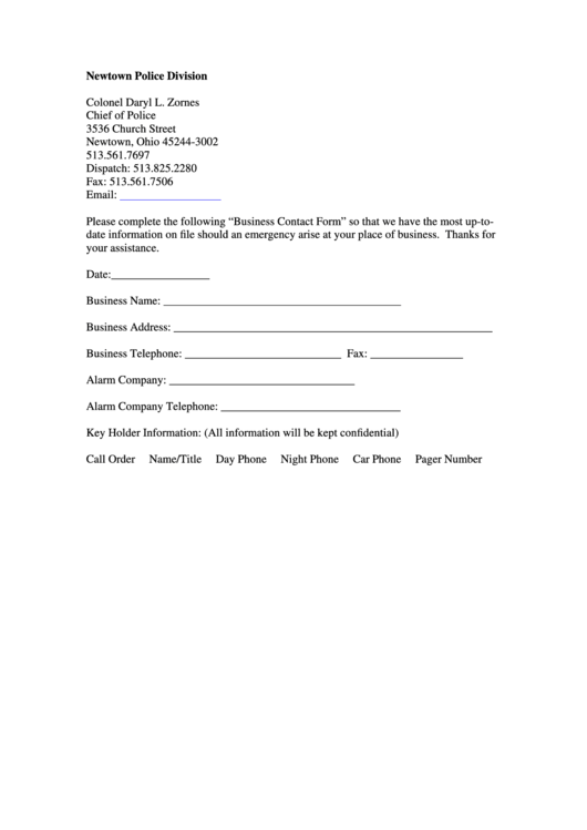 Business Contact Form - Newtown Police Division Printable pdf