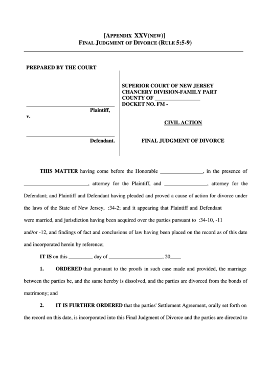 Final Judgment Of Divorce Form - Superior Court Of New Jersey Printable pdf