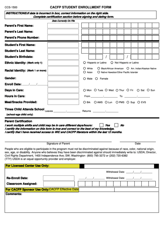 Cacfp Student Enrollment Form - Palestine Ymca Printable pdf