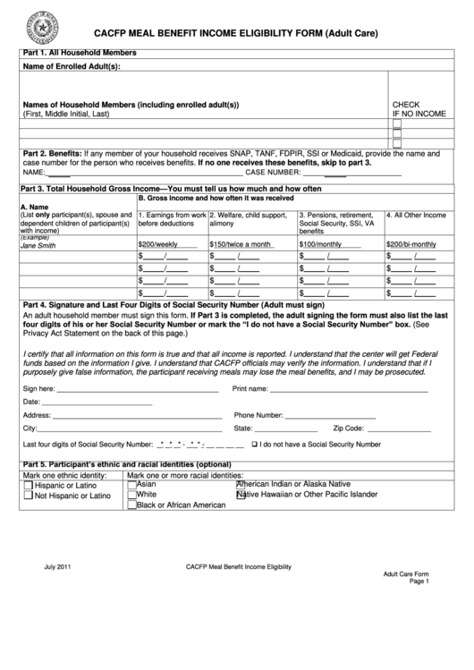 Cacfp Meal Benefit Income Eligibility Form (Adult Care) - 2011 Printable pdf