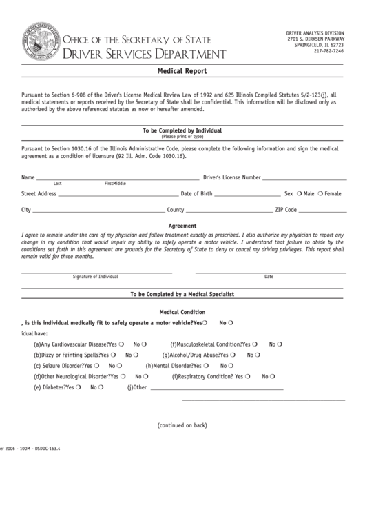 Medical Report Form - Illinois Secretary Of State Printable pdf