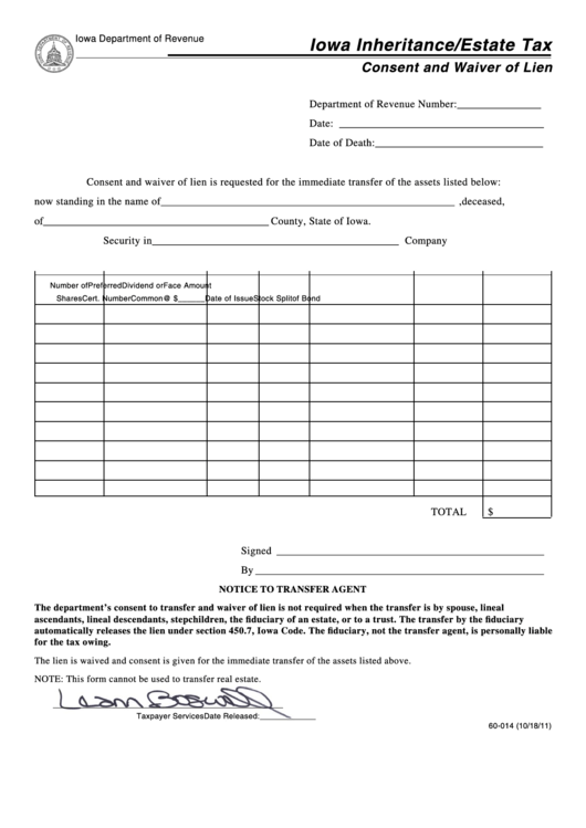 Form 60-014 - Iowa Inheritance Estate Tax Consent And Waiver Of Lien