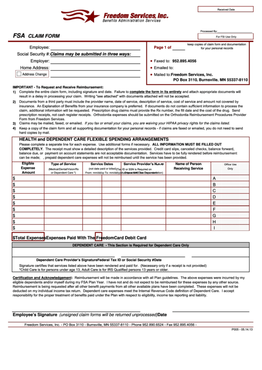 Fillable P005 125 - Fsa Claim Form Printable pdf