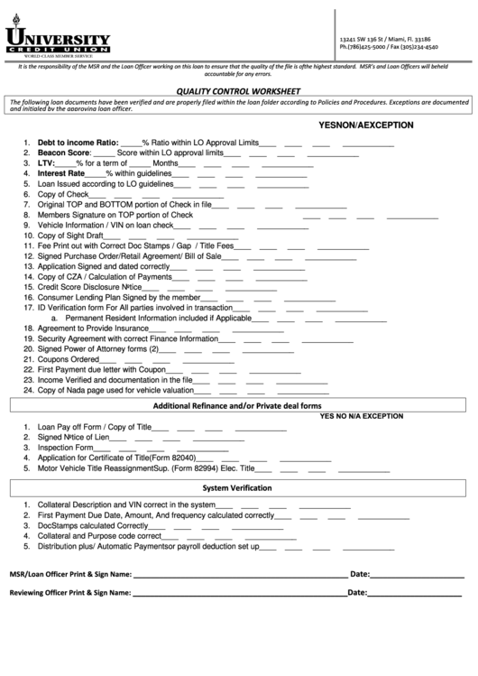 Quality Control Worksheet Template (Sample) Printable pdf