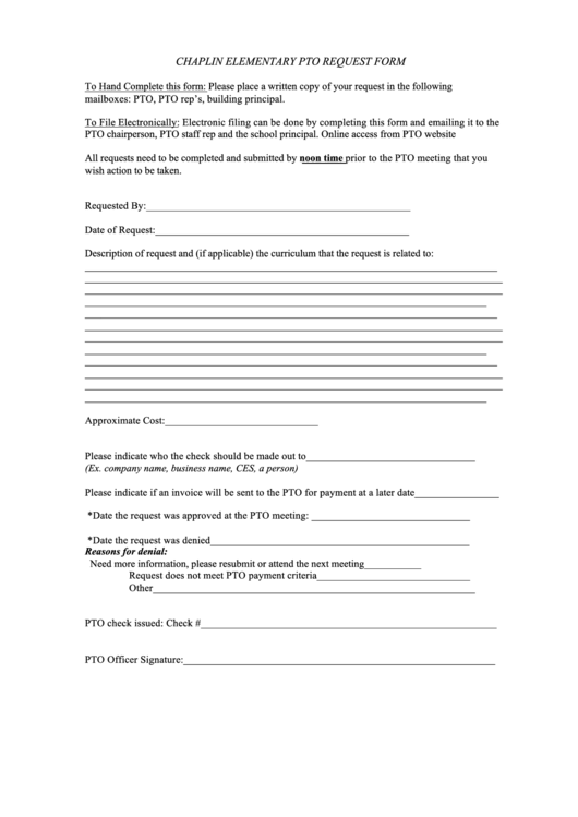 Chaplin Elementary Pto Request Form - Chaplin Elementary School Printable pdf