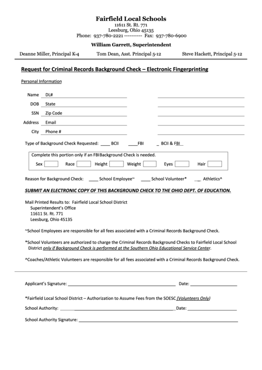 Background Fingerprint Request Form - Fairfield Local Printable pdf