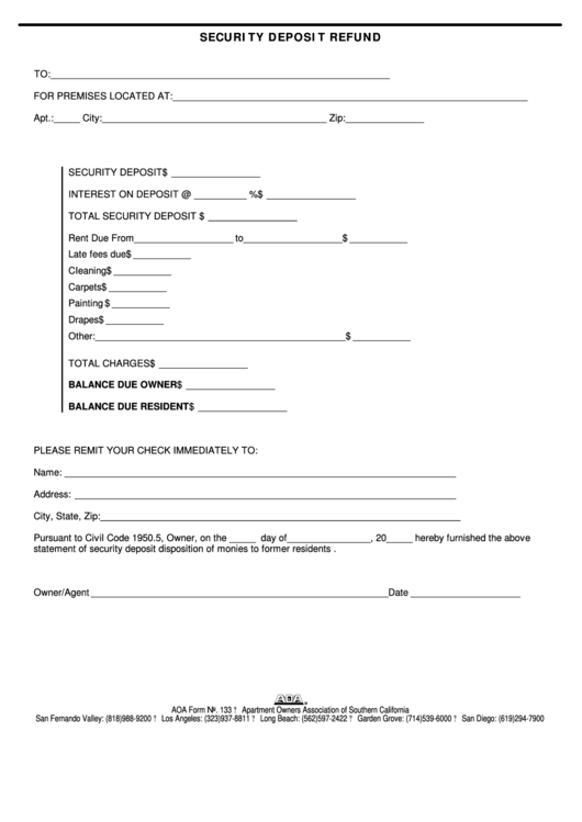 Fillable Aoa Form 133 - Security Deposit Refund Printable pdf