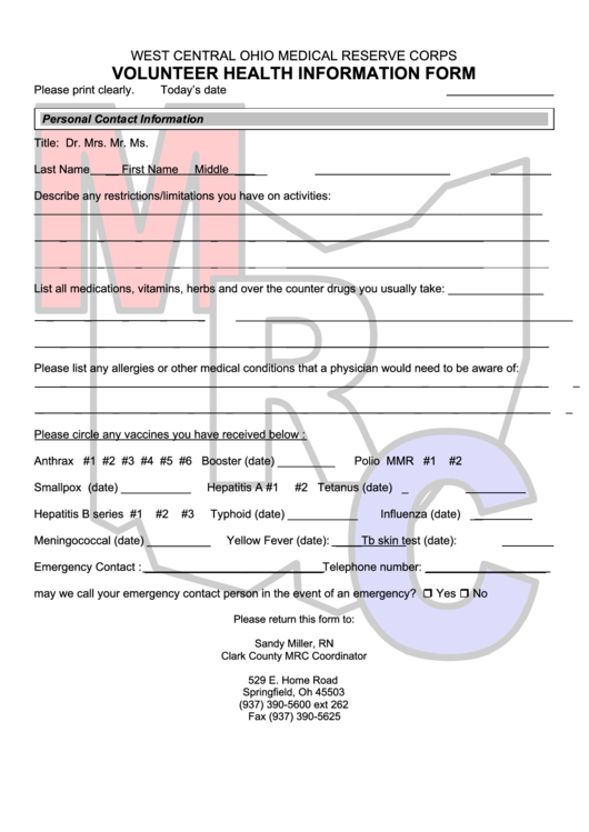Volunteer Health Information Form Printable pdf