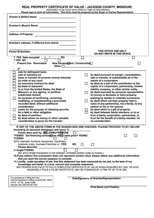 Real Property Certificate Of Value - Jackson County, Missouri Printable pdf