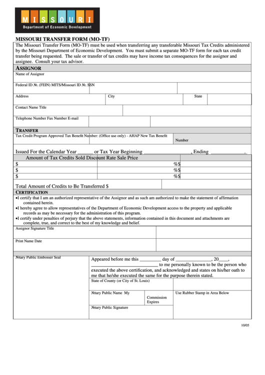 Form Mo-Tf - Missouri Transfer Form Printable pdf