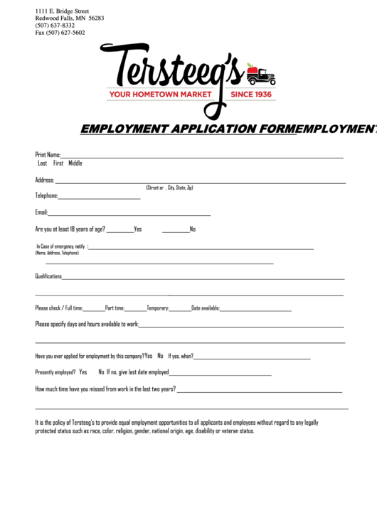 Employment Application Form Employment Application Form - Tersteegs Printable pdf