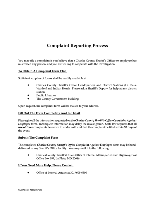 Complaint Against Employee Printable pdf