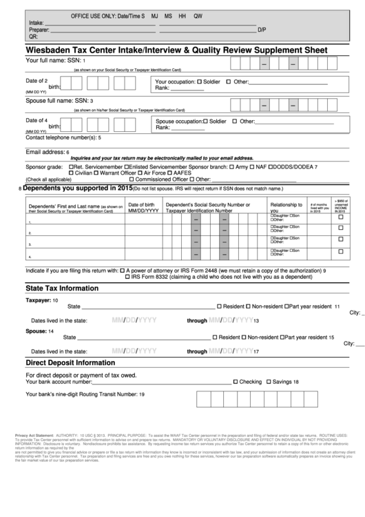2015 Intake Sheet - Us Army Garrison Wiesbaden Printable pdf