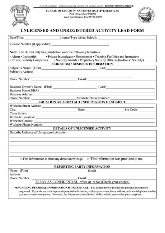 Fillable Unlicensed And Unregistered Activity Lead Form Printable pdf