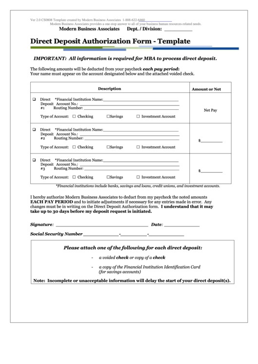 Direct Deposit Authorization Form - Modern Business Associates Printable pdf