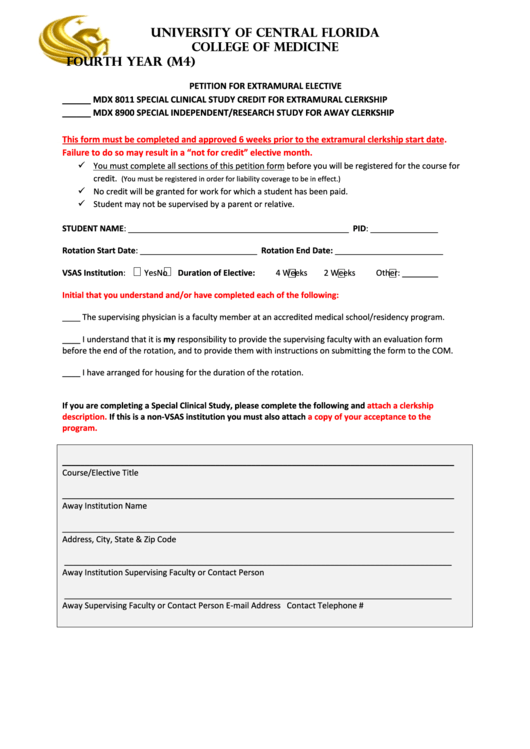 Petition For Extramural Elective Printable pdf