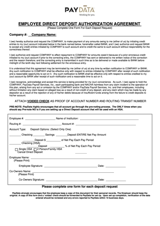 Employee Direct Deposit Authorization Agreement Template Printable pdf