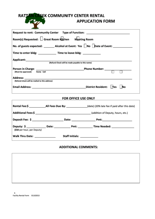 Rattan Creek Community Center Rental Application Form Printable pdf