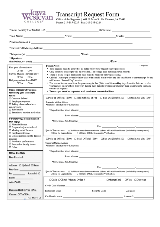 Transcript Request Form Printable pdf